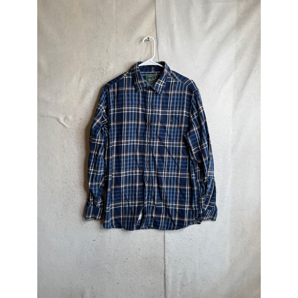 Woolrich Mens Blue Plaid Organic Cotton Linen Modern Fit Button Down Shirt L